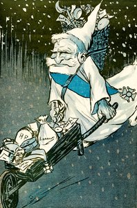 Weihnachten für große Kinder - Der französische Präsident Emile Loubet als Weihnachtsmann verkleidet mit einer Schubkarre voller Geschenke für die Erwachsenen. 1905.