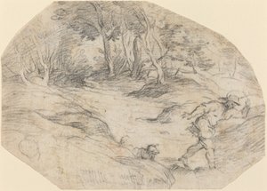 Landschaft mit einem Mann und einem Hund