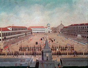 Militärparade auf dem Königlichen Platz von Rio de Janeiro in Brasilien. Aquarell von Leandro Joaquim