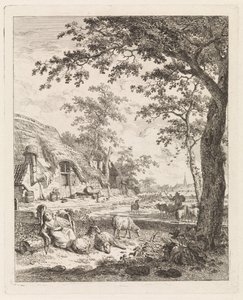 Hirtin mit Schafen vor einem Bauernhof von Leendert Overbeek