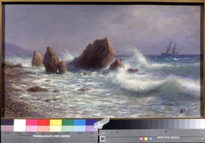 Am Ufer von Livadia (im Krim-Golf, Ukraine). Meereslandschaft mit einem Segelboot in der Ferne und den Wellen des Schwarzen Meeres, die auf die Riffe schlagen. Gemälde von Lev Felixovich Lagorio (1827-1905), Öl auf Leinwand