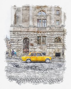 Klassisches gelbes Auto Straße von Lembayung senja studio [Vintage Poster]