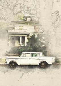 Vintage Auto Altes Haus Skizze von Lembayung senja studio [Vintage Poster]