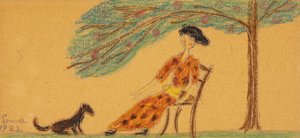 Frau und Hund unter Baum