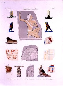 Illustrationen von bemalten Reliefs auf Stein- und Holzfragmenten Hypogees, Theben, Tafel 47 aus Band II von 