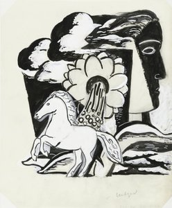 Steigendes Pferd, Blume und Kopf (Skizze) von Leo Gestel (signed by artist)