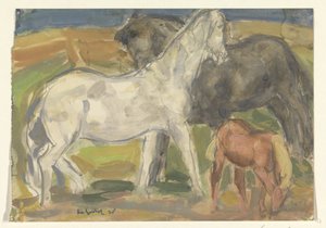 Zwei Pferde und ein Fohlen in einer Landschaft von Leo Gestel (signed by artist)