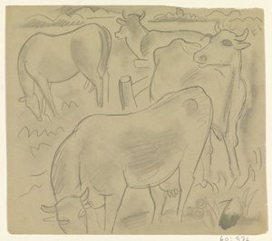 Drei Kühe und ein Pferd auf der Weide von Leo Gestel