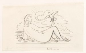 Liegender weiblicher Akt am Strand und eine Möwe
