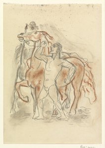Nackter Mann hält zwei Pferde im Zaum von Leo Gestel