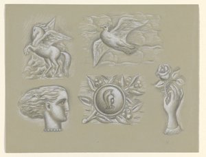 Pegasus, Taube, Frauenkopf, Wappen und Hand mit Rose von Leo Gestel