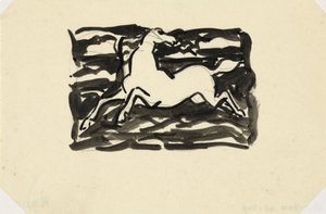 Springendes Pferd mit nach hinten gedrehtem Kopf vor Wellen im Hintergrund von Leo Gestel