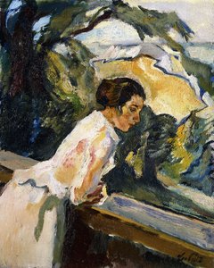 Frieda, die Frau des Künstlers, lehnt sich über den Balkon, ca. 1919-1922 von Leo Putz