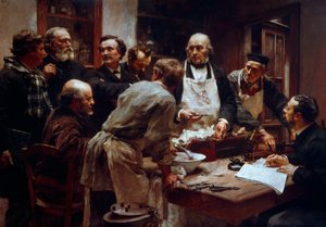 Der Sezierkurs des Arztes Claude Bernard (1813-1878) (mit der Schürze) in Anwesenheit seiner Schüler Paul Bert (1833-1886) und Arsonval