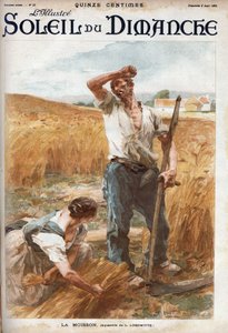 Die Ernte. Bauern mähen den Weizen auf einem Feld. (nach dem Aquarell von L. Lhermitte) Gravur in „Le sun-du-dimanche“, 6. August