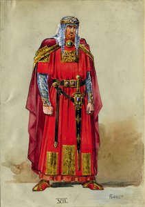 Mittelalterlicher Prinz, Kostümentwurf (Aquarell und Gouache auf Papier) von Leon Bakst