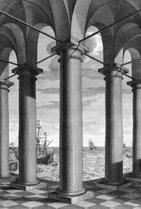 Über Architektur, eine Meereslandschaft erscheint hinter einem Gebäude mit Arkaden: eine Tafel aus „De Architectura Libri decem“ von Leon Battista Alberti, Architekt, Mathematiker, italienischer Dichter der Renaissance, London