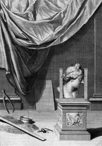 Abhandlungen über Architektur, eine Büste einer klassischen Statue und architektonische Werkzeuge: Tafel aus „De Architectura Libri decem“ von Leon Battista Alberti (1404-1472), Architekt, Mathematiker, italienischer Dichter der Renaissance, London