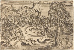 Landschaft mit einer Frau, die vor einem Soldaten flieht von Leon Davent