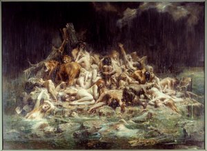 Die Sintflut. Eine Ansammlung von menschlichen und tierischen Körpern unter den Regenströmen des Himmelszorns, einige sind bereits ertrunken, andere schreien ihre Not heraus. Gemälde von Leon Comerre (1850-1916) 1911 von Leon Francois Comerre