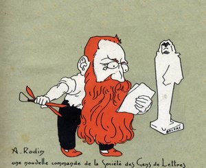 Karikatur von Auguste Rodin mit einem neuen Auftrag der Societe des gens de lettres (Skulptur von Balzac) - Illustration von Leon Lebegue - Gravur in „Le sun-du-dimanche“