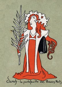 Karikatur von Henriette Rosine Bernard, genannt Sarah Bernhardt, als Portfolio der Schönen Künste - Illustration von Leon Lebegue - Gravur in „Le sun-du-dimanche“ von Leon Lebegue