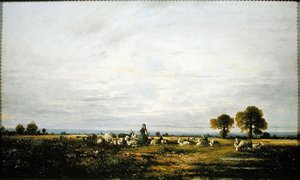 Hirtin, die ihre Herde beobachtet