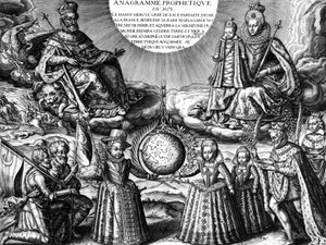 Französische Königsfamilie im Jahr 1607 (Propaganda): Französischer König Henri IV und seine Frau Königin Marie de Medicis halten ihre Tochter Christine; unten: ihre anderen Kinder: der zukünftige Ludwig XIII, Elisabeth und Henriette-Marie. Rechts: der Kön von Leonard Gaultier
