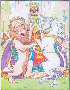 Der Löwe und das Einhorn kämpften um die Krone (Farblithographie)