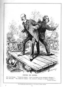 Lloyd George und Harcourt, beide Minister in der liberalen Regierung, uneinig über das Frauenwahlrecht, 1910