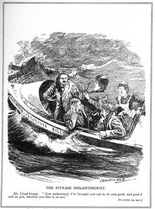 Lloyd George, dargestellt als Rettungsbootsmatrose, sieht sich dem Widerstand gegen sein National Insurance Act, 1911, gegenüber