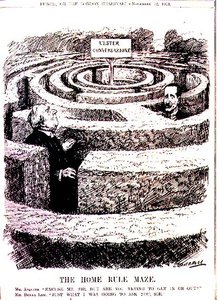 Das Home Rule Labyrinth. Mr. Asquith: "Entschuldigen Sie, Sir, aber versuchen Sie hinein oder hinaus zu kommen?" Mr. Bonar Law: "Genau das wollte ich Sie fragen, Sir" aus 