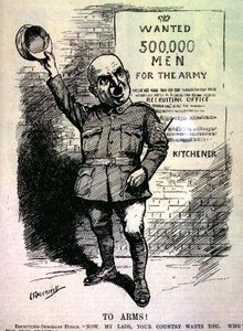Zu den Waffen! Rekrutierungs-Sergeant Punch; "Nun, meine Jungs, euer Land braucht euch. Wer ist für die Front?" aus der Zeitschrift 
