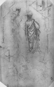 Eine drapierte Figur, Studien von Maschinen usw., um 1480, 1945 von Leonardo da Vinci