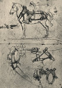 Ein angespanntes Kutschpferd und Studien des Geschirrs, um 1480, 1945
