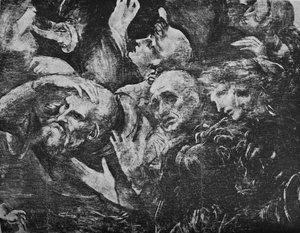 Anbetung der Könige - Köpfe der Gruppe hinter dem knienden König rechts, um 1481, 1945 von Leonardo da Vinci