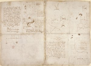 Notizen und Diagramme zur Mechanik; Notizen und schematische Skizzen zu Flussläufen und Wasserströmungen aus dem 