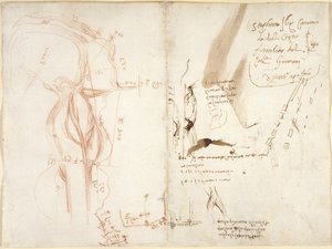 Planimetrische Skizze des Flusses Arno; Notizen zu Entfernungen und Richtungen