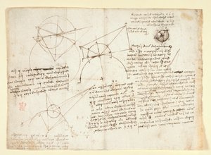 Die Rückseite eines einzelnen großen Blattes, ehemals entlang des rechten Randes gebunden und in das Notizbuch gefaltet. Notizen und Diagramme zur Optik, betreffend Alhazens Problem; schematische Skizze eines Augapfels begleitet von Notizen zu L von Leonardo da Vinci