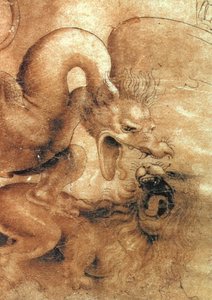 Detail des Drachen aus der Zeichnung Kampf zwischen einem Drachen und einem Löwen