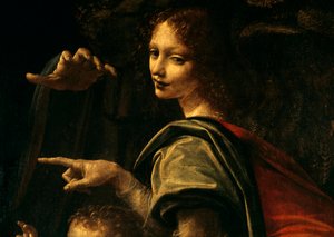 Detail der Jungfrau mit Felsen, Johannes der Täufer zeigt mit dem Finger und Hand der Jungfrau Maria von Leonardo da Vinci