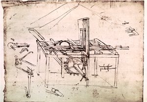 Auszug aus einem Da Vinci Manuskript über die Konstruktion einer hydraulischen Säge mit automatischem Vorschub