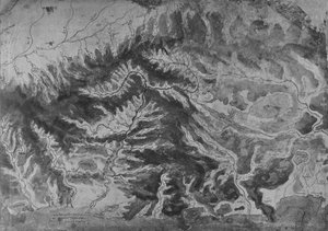 Karte von Norditalien, zeigt die Wasserscheide des Arno, um 1480, 1945