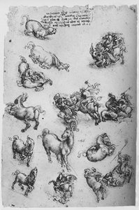 Blatt mit Studien von Pferden, einer Katze und von St. Georg und dem Drachen, ca. 1480, 1945 von Leonardo da Vinci