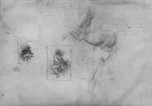 Skizzen für eine kniende Leda und ein Pferd, um 1480 1945 von Leonardo da Vinci