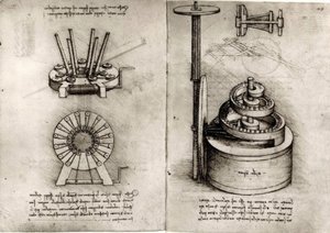 Studien zur Mechanik; rechts Triebfeder einer Uhr