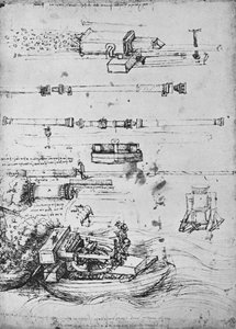 Studien von Mörsern, einer, der von einem Boot aus feuert, und von Kanonen, ca. 1480, 1945