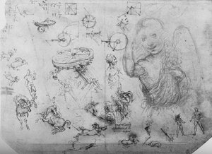Studien eines Engels, von Reitern und anderen Figuren, um 1480, 1945 von Leonardo da Vinci