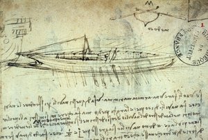 Studie eines Bootes mit einer Reihe von Rudern von Leonardo da Vinci (1452 - 1519). Zeichnung mit Feder und Tinte. Manuskript. Bibliothek des Institut de France. Paris. von Leonardo da Vinci