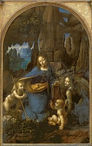 Die Jungfrau der Felsen (mit dem Kind Johannes, der das Jesuskind anbetet, begleitet von einem Engel), ca. 1508 von Leonardo da Vinci